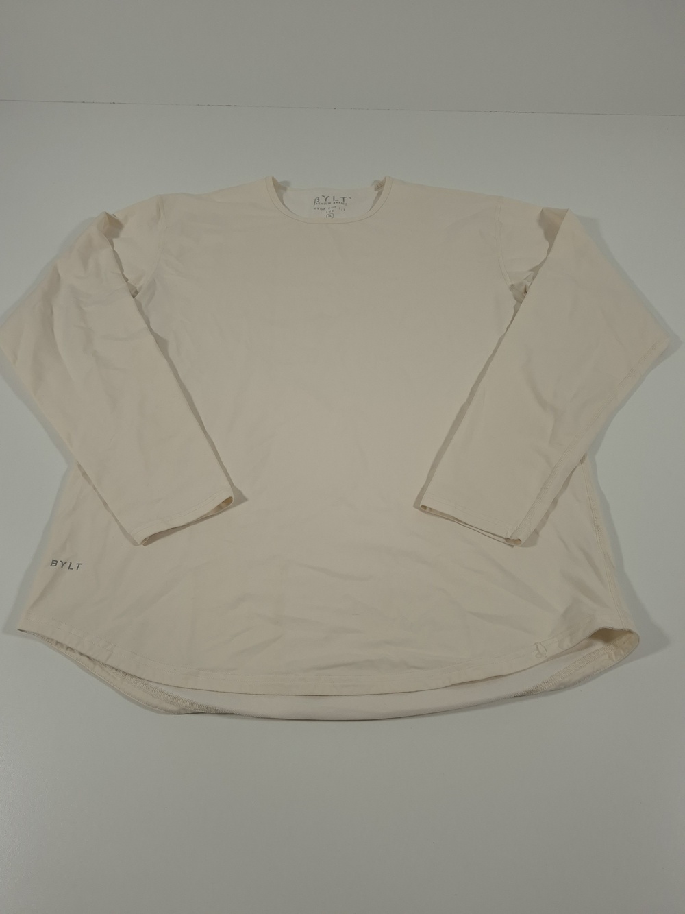 BYLT Drop Cut Lux Shirt Mens XL Beige Long Sleeve Crewneck Stretch Tee Casual